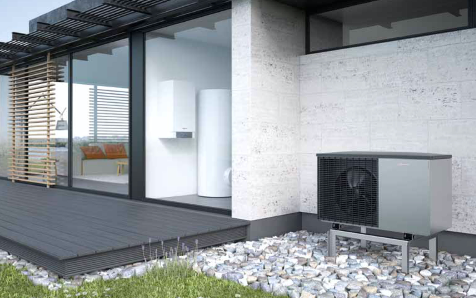 Bomba de calor aerotérmica Viessmann Vitocal en la terraza de una vivienda moderna
